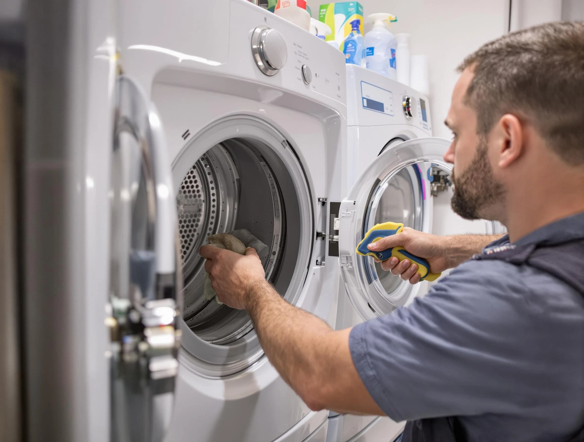 Westminster Dryer Vent Cleaning specialist removing lint buildup from a dryer lint trap system in Westminster