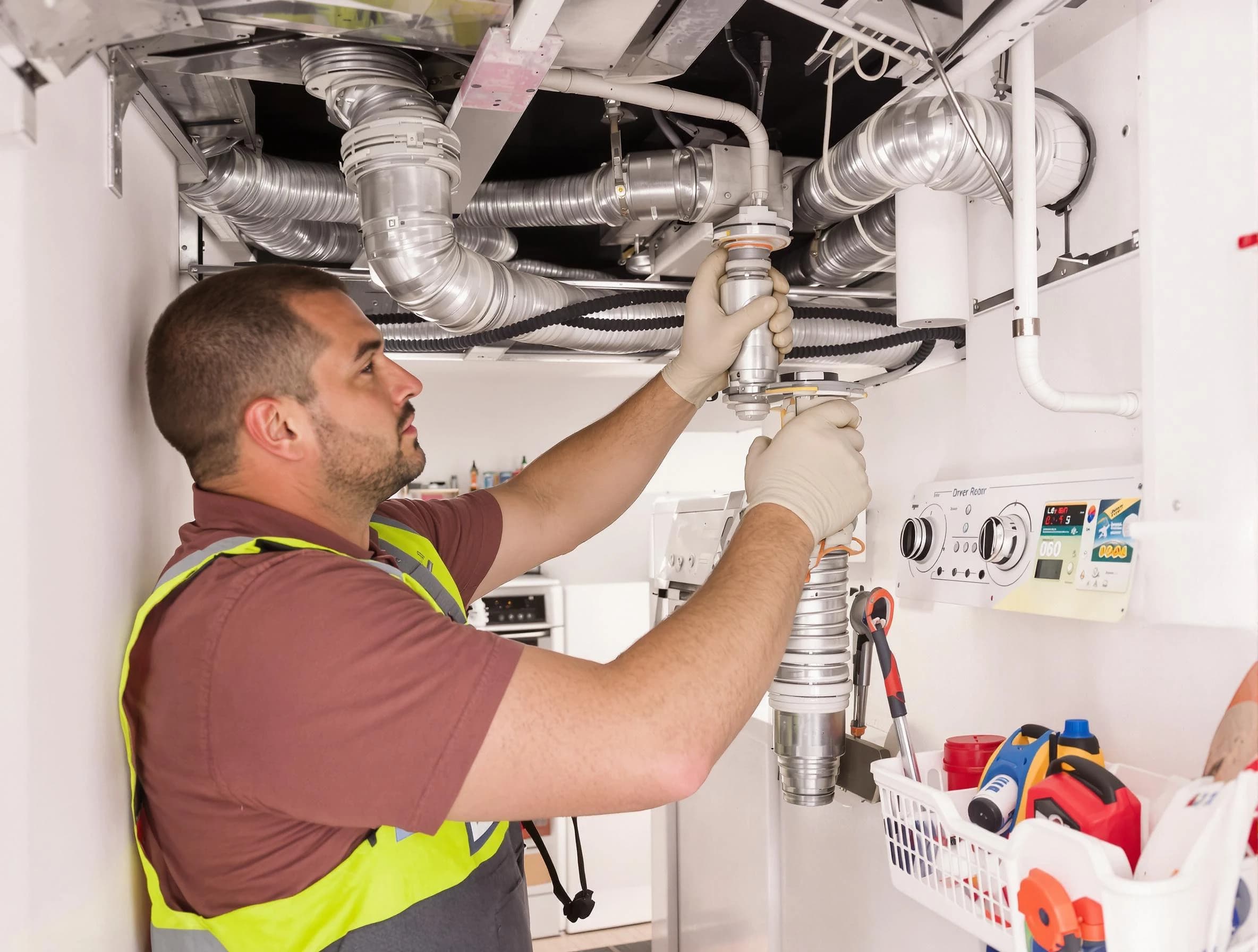 Westminster Dryer Vent Cleaning expert performing both repair and installation work on a dryer vent system in Westminster
